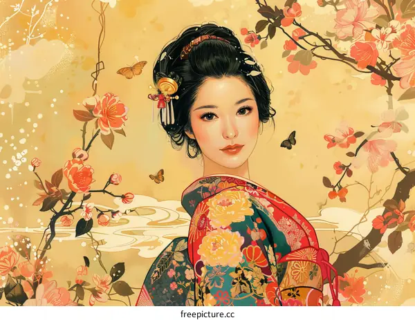 Asian Woman in Traditional Kimono with Flowers