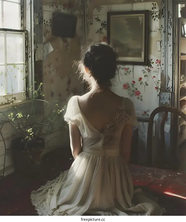 girl in a vintage dress sitting in a shabby room