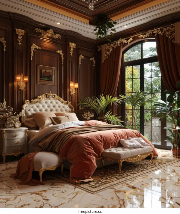 Ornate bedroom with a large bed and two benches