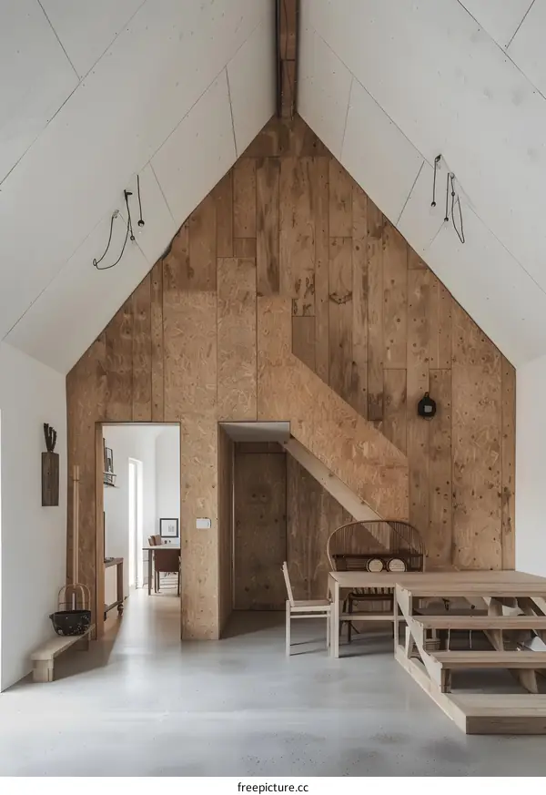 Modern Minimalist Interior Design With Wooden Plywood Wall And Concrete Floor