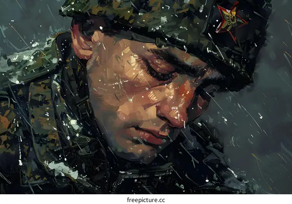 Portrait of a soldier in a green uniform with a red star on his hat. He is looking down with a sad expression on his face.