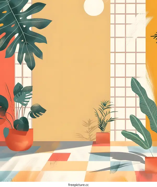 Tropical Plants With Sun and Tile Floor Illustration