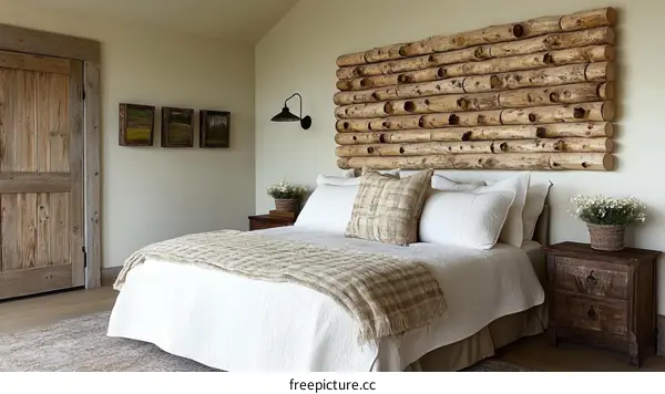 Rustic Wooden Bedroom Decor with Log Wall Headboard