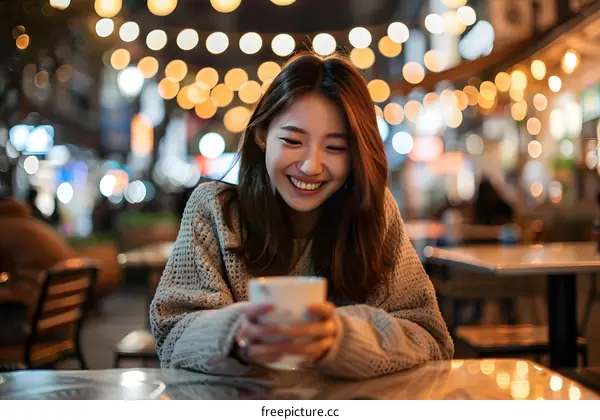 Smiling Woman in a Sweater Holding a Cup of Coffee in a Restaurant