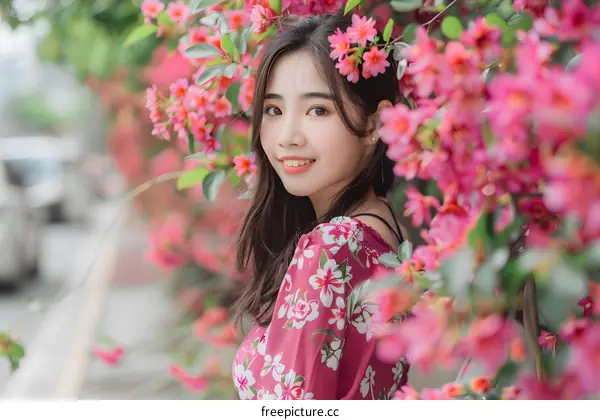 Smiling Asian Woman in Floral Dress Posing in a Garden with Pink Flowers