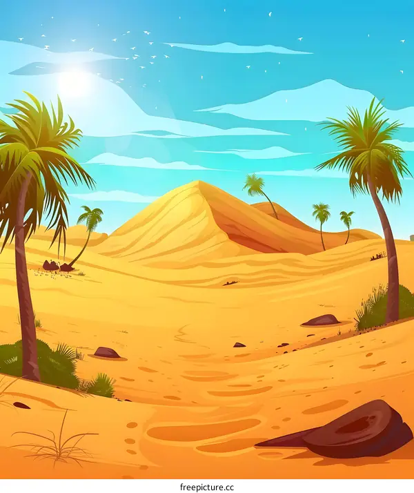 Desert Landscape with Palm Trees and Sand Dunes
