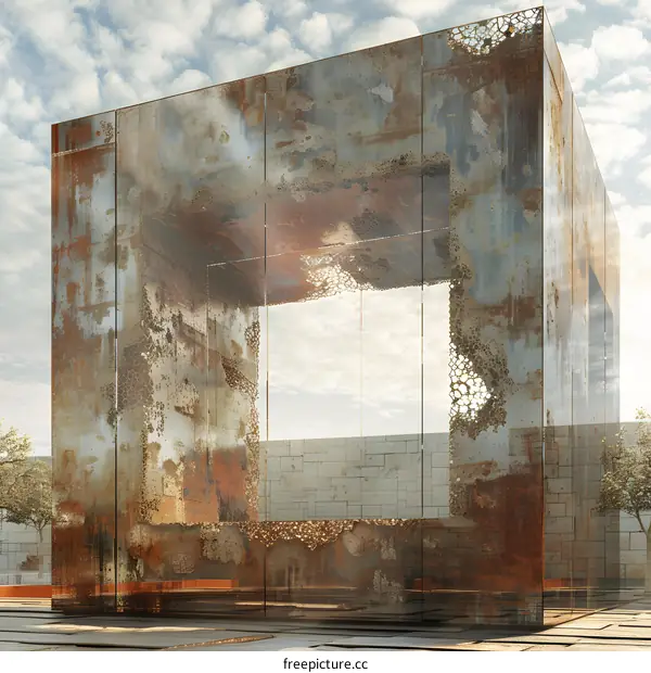 rusty metal cube sculpture with a large opening