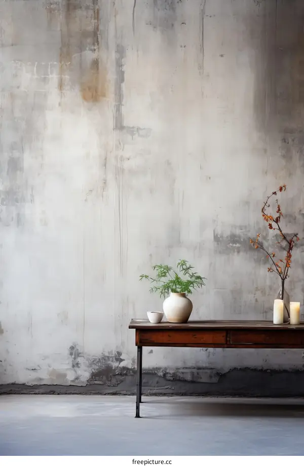 An elegant still life of a vase with greenery against a textured concrete wall