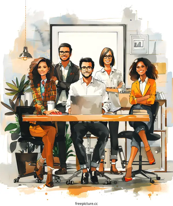 A group of people sitting around a table in an office space