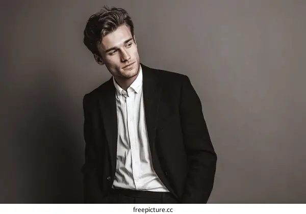 Handsome young man in formal black suit looking aside