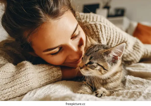Woman and Kitten Relaxing Together on a Bed