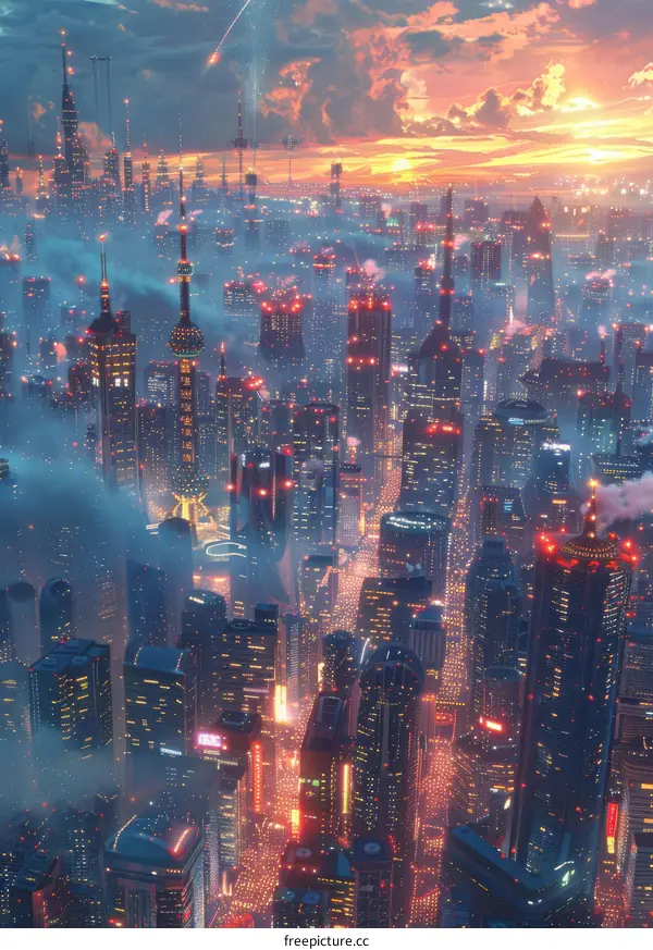 Futuristic City Skyline at Sunset