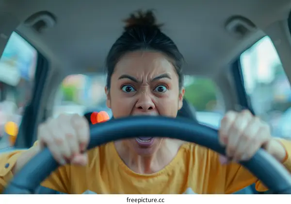 Close up portrait of an angry Asian woman driving a car