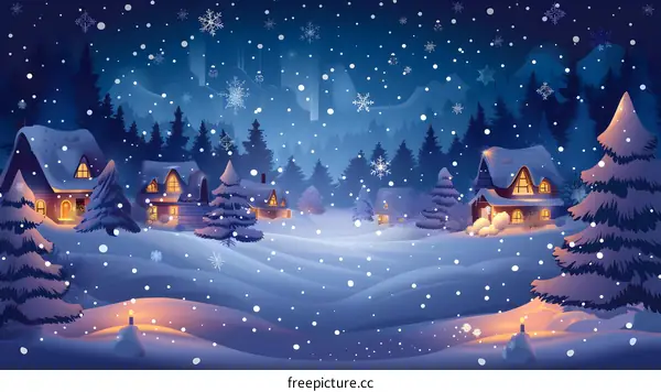 Snowy Village in the Winter Night