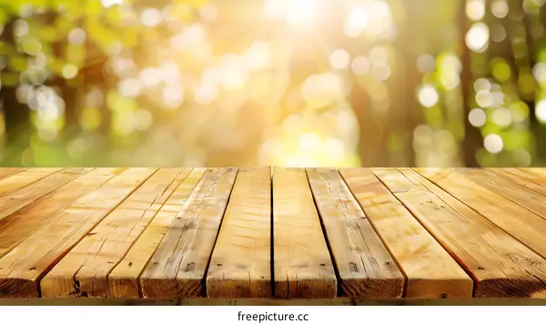 Wooden Table Top with Blurred Background of Green and Yellow Bokeh