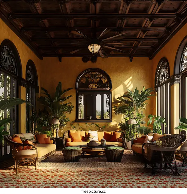 Sunlit Tropical Living Room With Wicker Furniture