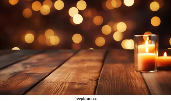 Two Candles Burning on Wooden Table With Background Out of Focus