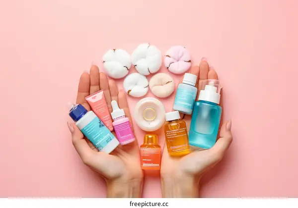 A variety of skin care products including a face cream, facial oil, and eye cream