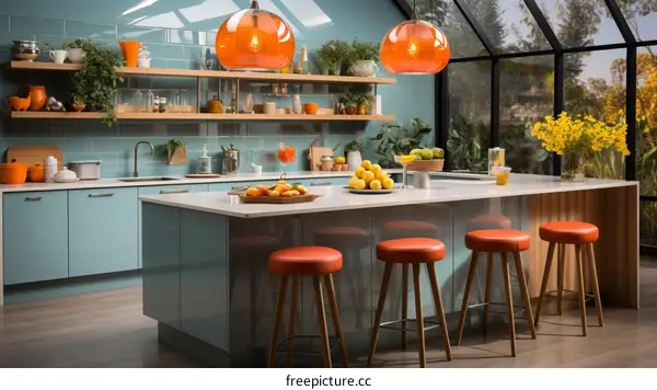 Blue and Orange Retro Kitchen With Large Windows