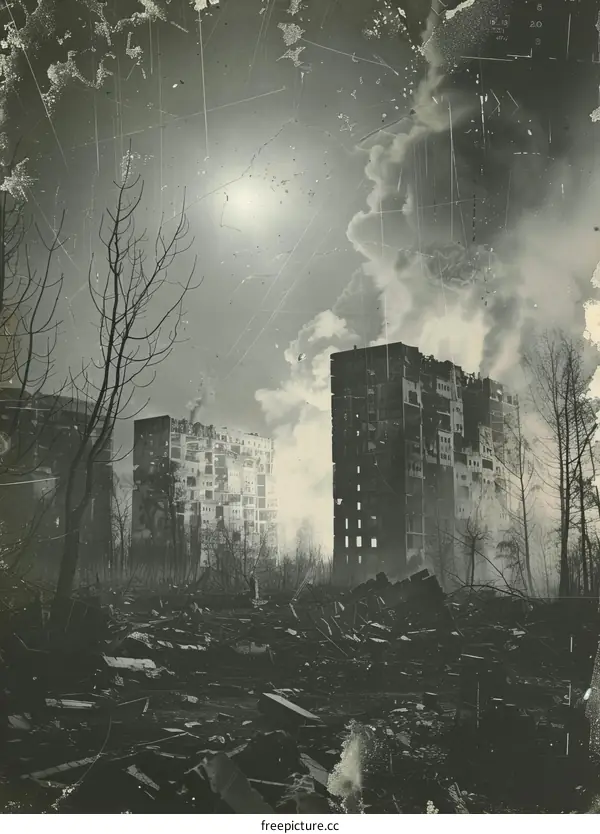 Post-apocalyptic city ruins under a蘑菇云