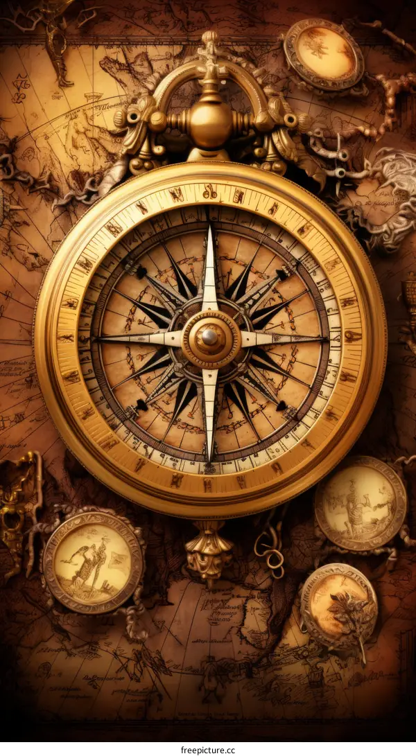 A golden compass with a detailed map background