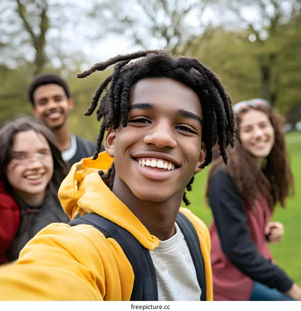 Smiling Teenager Taking Selfie With Friends in the Park