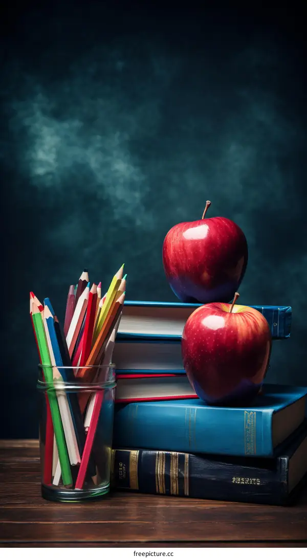 Still life with books, apples and color pencils