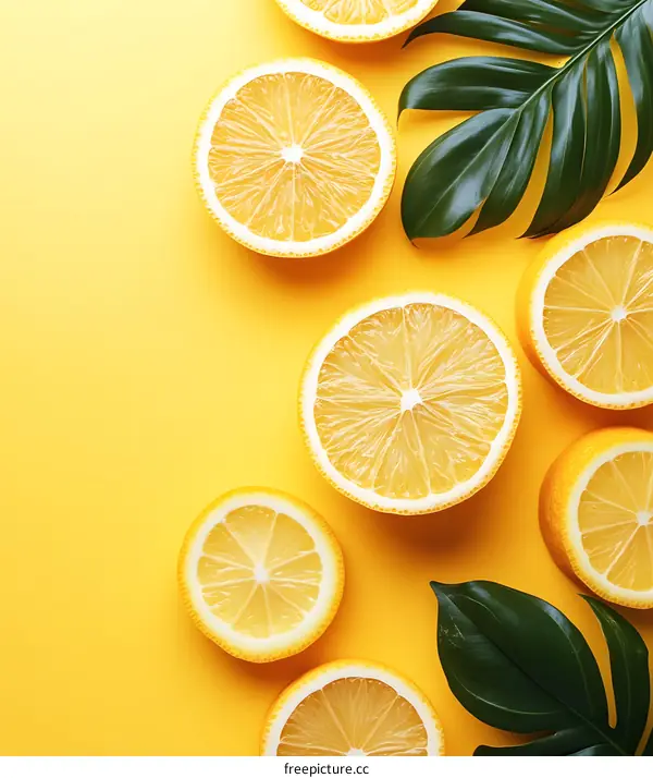 Lemon Slices and Green Leaves on Yellow Background