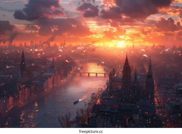 Burning Cityscape Sunset Over Water