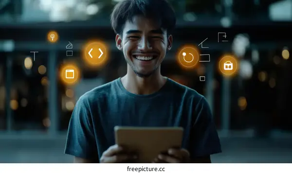 Asian Man Using Tablet Showing Digital Icons