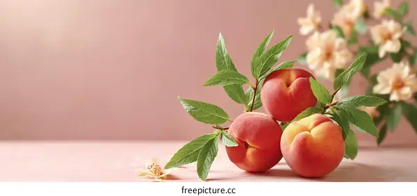 Fresh Peaches on a Branch with Blossoms