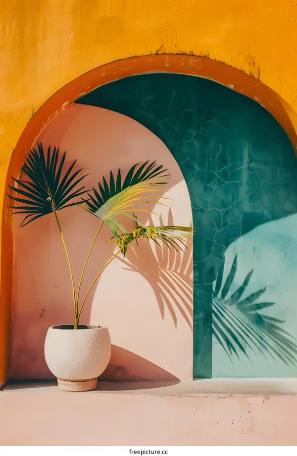 Tropical Plant in Colorful Pot and Archway with Bright Sun