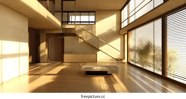 Modern House Interior With Wooden Stairs And Large Windows