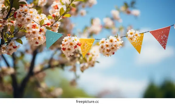 Colorful Paper Flags Adorn a Blooming Tree Branch