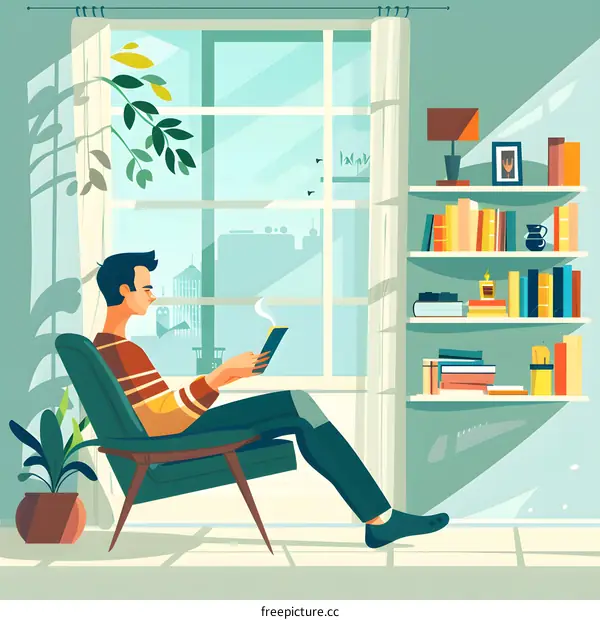 Man Sitting in Chair Reading Book by Window