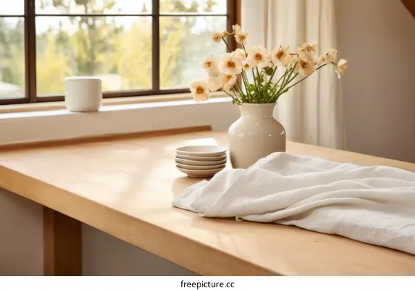 A wooden table with a vase of flowers and a stack of plates
