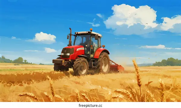 A Red Tractor Harvesting Golden Wheat in Open Field