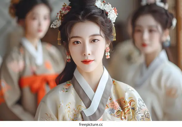 Three young women wearing traditional Korean hanbok
