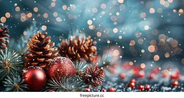 Christmas decoration with fir branches, pine cones and red balls