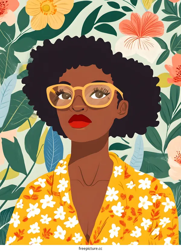 Black Woman with Afro in Yellow Blouse and Glasses