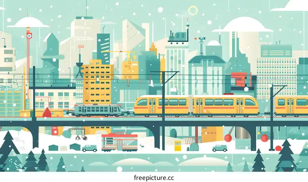 Snowy Cityscape with Train and Modern Buildings Illustration