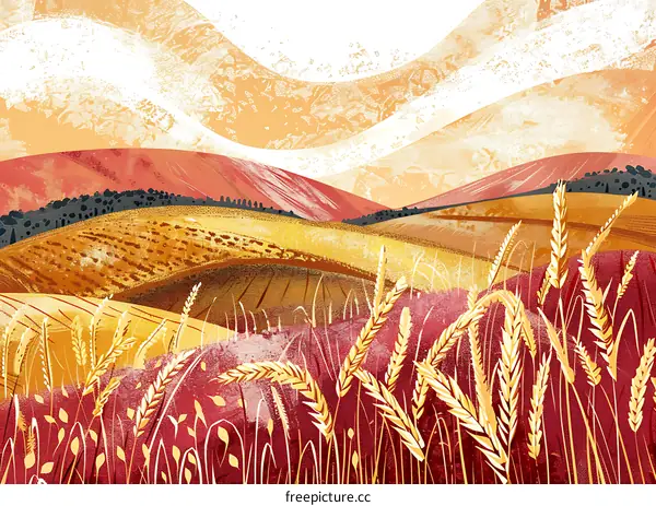 Autumn Landscape Illustration with Wheat Field and Rolling Hills