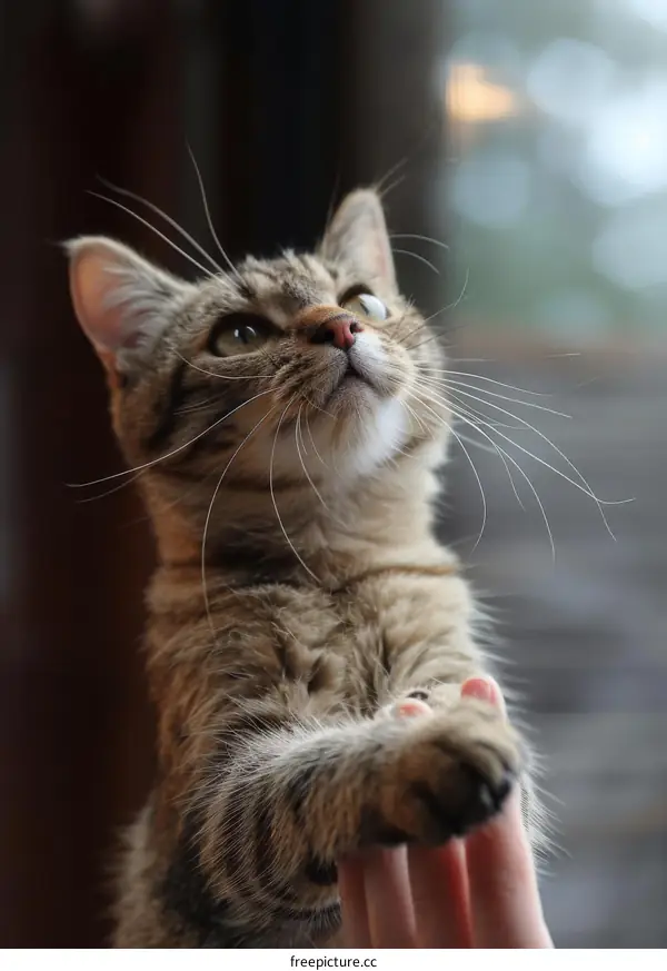 A cute cat reaching out to touch a human hand