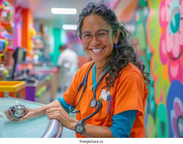 Smiling female doctor wearing glasses and stethoscope around her neck