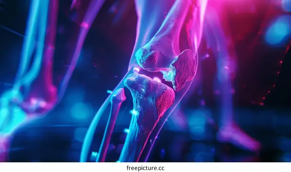 A glowing blue and pink human knee joint