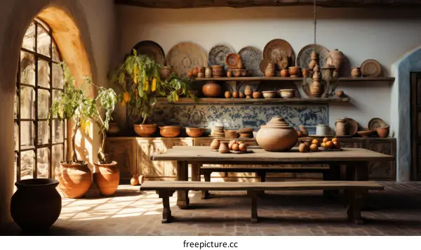 Rustic Mediterranean Kitchen with Wooden Table and Pottery