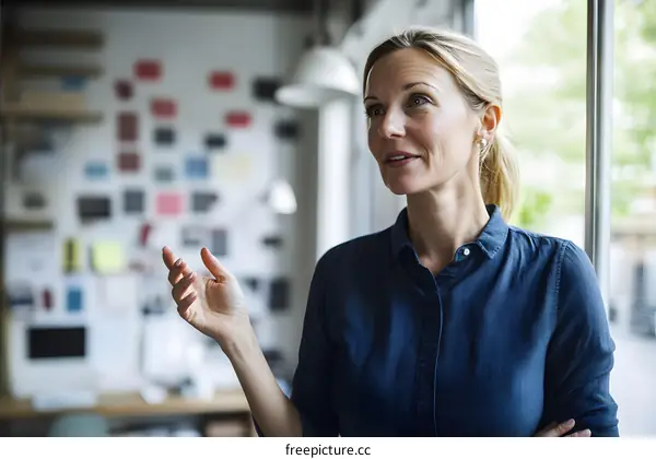 Woman in Blue Shirt Looking Away While Talking in an Office