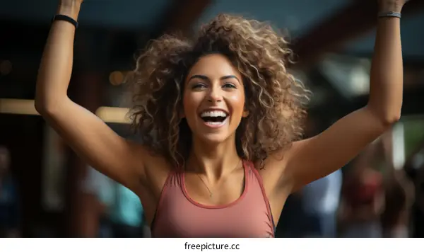 Ecstatic curly haired woman celebrating her success with arms raised