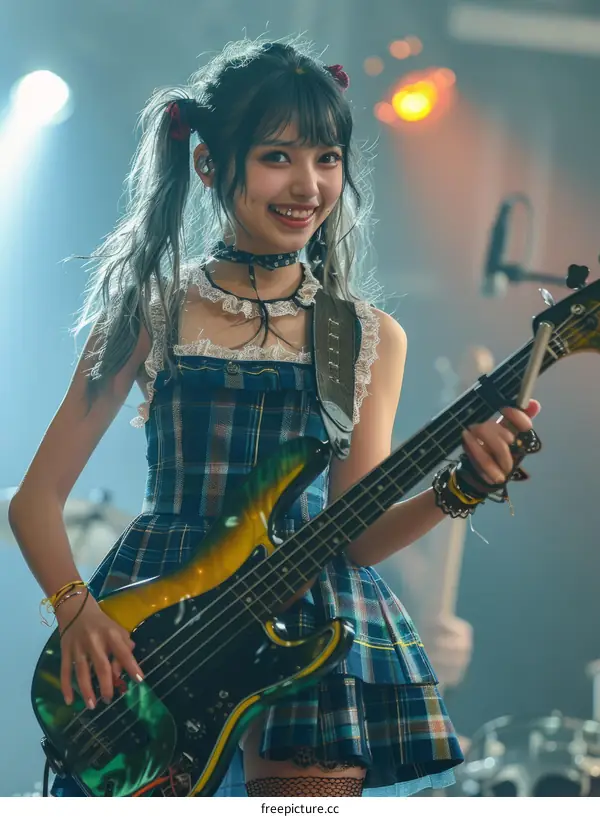 A smiling woman playing a bass guitar on stage