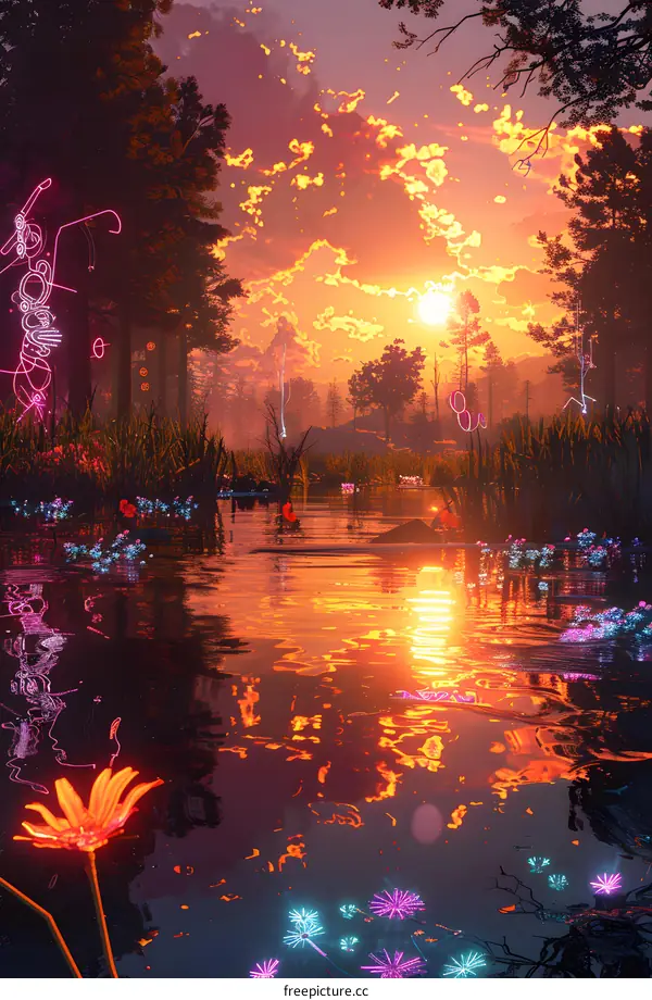 Neon Forest Sunset Reflection